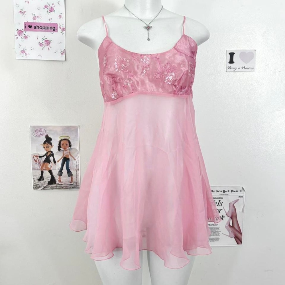 Victoria's Secret Pink Sheer Babydoll Top — Sequin Floral Bust / Dreamy Y2K